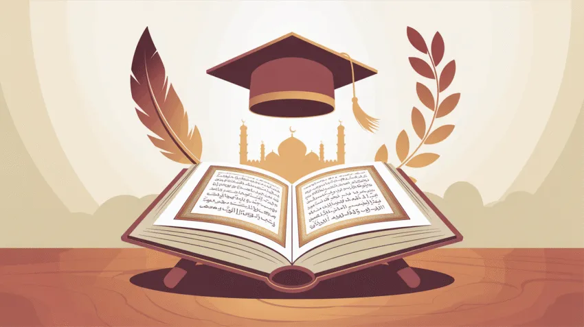 Ilustrasi pendidikan agama Islam dengan gambar buku Al-Quran dan simbol-simbol pendidikan