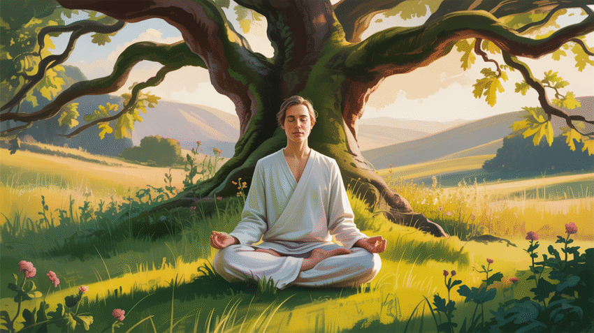 Ilustrasi konsep sabar dalam kehidupan dengan gambar orang meditasi di alam