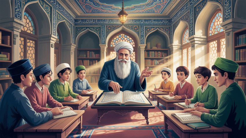 Ilustrasi penyebaran agama Islam melalui pendidikan dengan gambar guru mengajar di madrasah tradisional