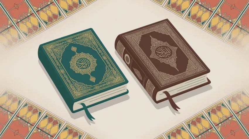 Ilustrasi perbandingan Alquran dan Hadis dengan desain elegan