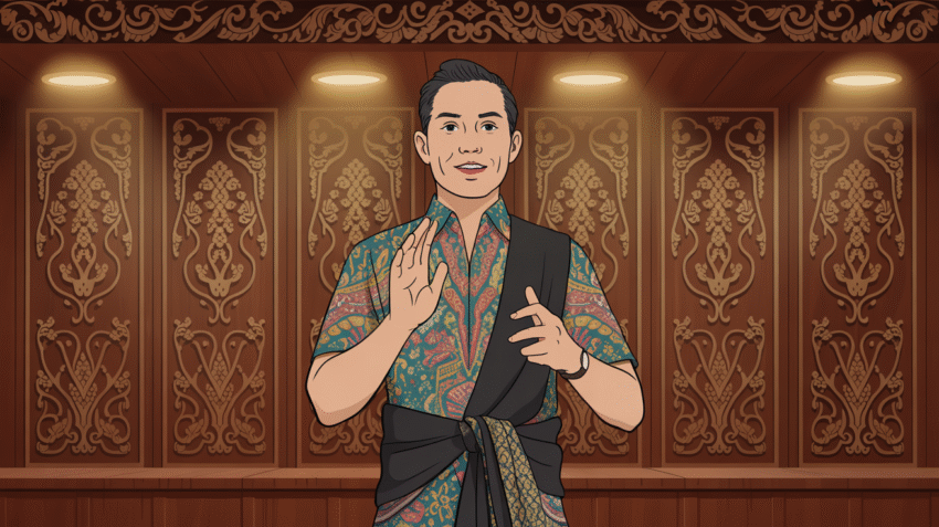Ilustrasi pidato bahasa Jawa tentang akhlak dengan latar tradisional Jawa