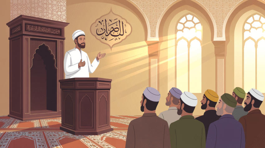 Ilustrasi pidato tentang sabar dengan latar masjid dan cahaya spiritual