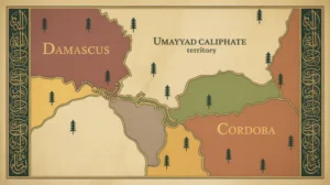 Peta kekhalifahan Bani Umayyah dengan pusat pemerintahan di Damaskus dan Cordoba