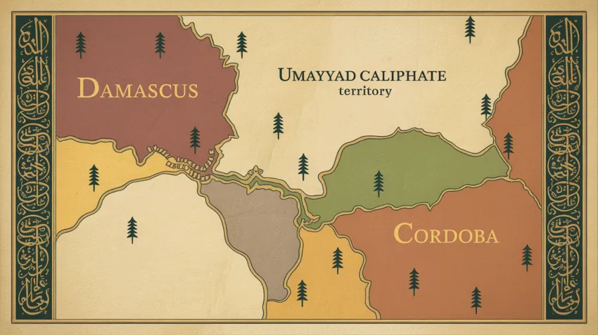 Peta kekhalifahan Bani Umayyah dengan pusat pemerintahan di Damaskus dan Cordoba