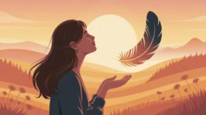 Ilustrasi rasa syukur dengan orang tersenyum melihat matahari terbit di alam terbuka