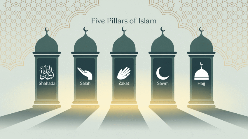 Ilustrasi lima rukun Islam dengan simbol-simbol yang merepresentasikan syahadat, shalat, zakat, puasa, dan haji