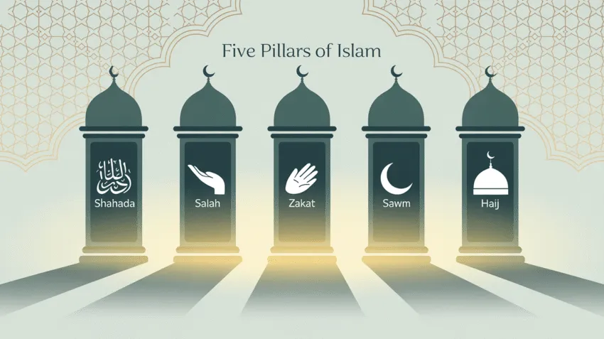 Ilustrasi lima rukun Islam dengan simbol-simbol yang merepresentasikan syahadat, shalat, zakat, puasa, dan haji