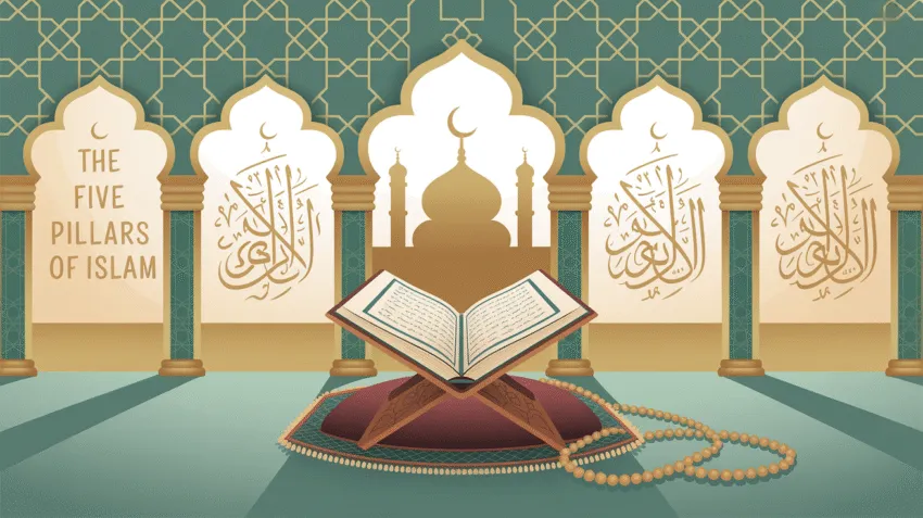 Ilustrasi Rukun Islam dan Iman dengan simbol-simbol keislaman