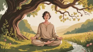 Ilustrasi konsep kesabaran dengan gambar orang meditasi di alam tenang