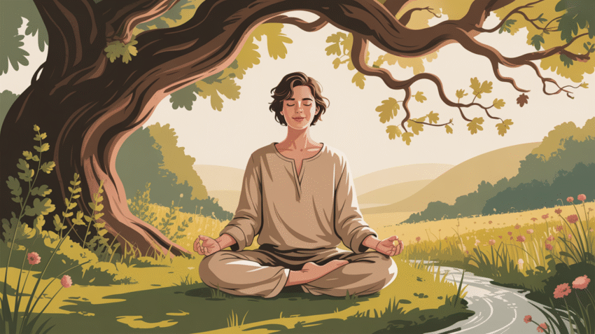 Ilustrasi konsep kesabaran dengan gambar orang meditasi di alam tenang