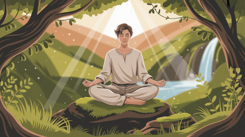 Ilustrasi konsep sabar sabar dengan gambar orang meditasi di alam tenang