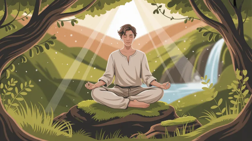 Ilustrasi konsep sabar sabar dengan gambar orang meditasi di alam tenang