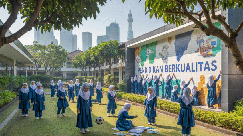 Gedung SDIT Al Ikhlas 86 dengan taman hijau dan siswa berseragam muslim