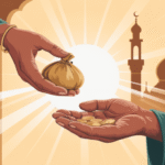 Ilustrasi sedekah subuh dengan tangan memberikan sedekah di waktu fajar