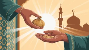 Ilustrasi sedekah subuh dengan tangan memberikan sedekah di waktu fajar