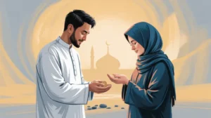 Ilustrasi sedekah subuh dengan tangan memberikan uang kepada yang membutuhkan di waktu fajar