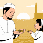 Ilustrasi sedekah subuh dengan tangan memberikan uang sedekah di waktu pagi buta