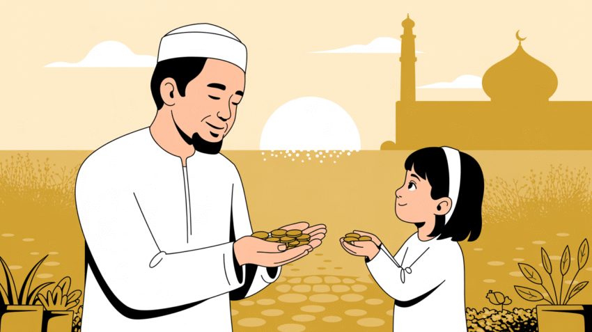 Ilustrasi sedekah subuh dengan tangan memberikan uang sedekah di waktu pagi buta