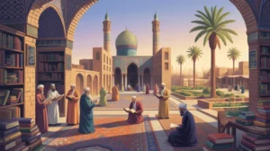 Ilustrasi kota Baghdad pada masa keemasan Dinasti Abbasiyah dengan arsitektur megah dan aktivitas intelektual