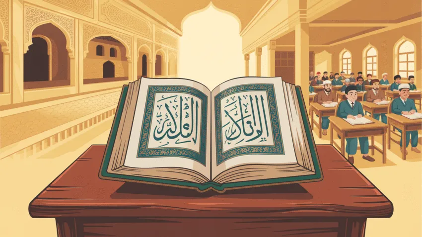 Ilustrasi sejarah pendidikan Islam dengan gambar manuskrip kuno dan siswa belajar