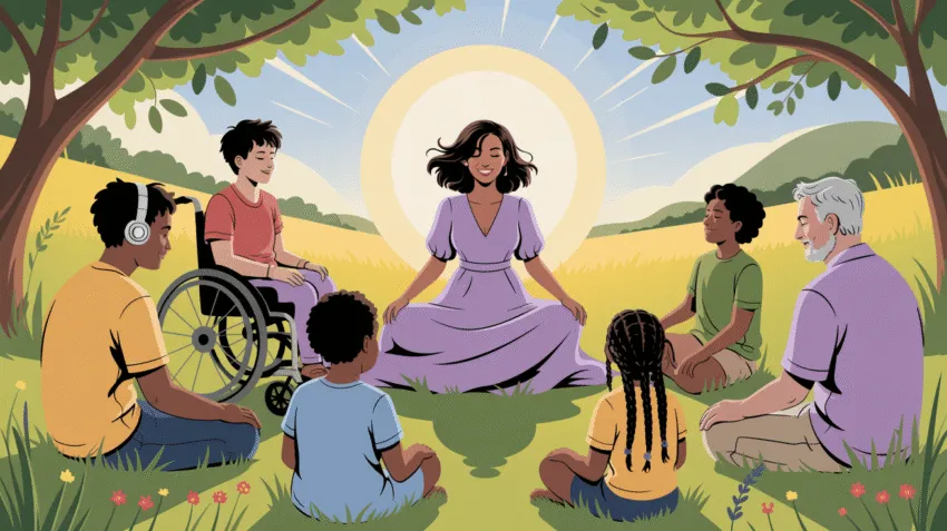 Ilustrasi orang bersyukur dengan senyuman bahagia dan latar alam yang indah