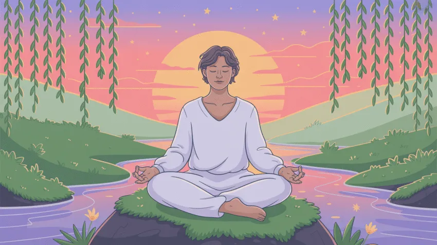 Ilustrasi orang meditasi dengan latar sunset yang tenang