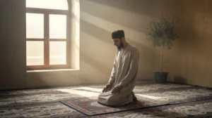 Ilustrasi seseorang sedang melaksanakan shalat dhuha di pagi hari dengan cahaya matahari masuk melalui jendela