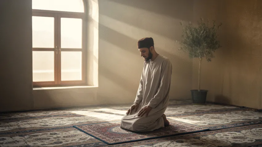 Ilustrasi seseorang sedang melaksanakan shalat dhuha di pagi hari dengan cahaya matahari masuk melalui jendela