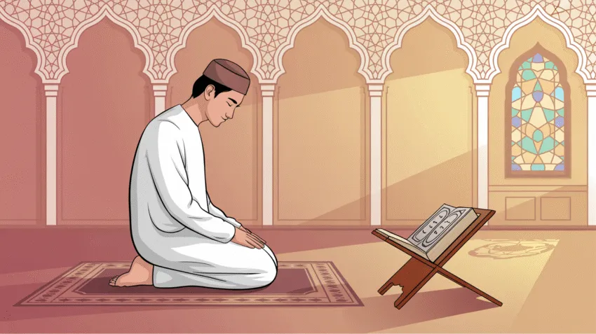 Ilustrasi seseorang sedang melaksanakan shalat sunnah ghairu muakkad dengan khusyuk