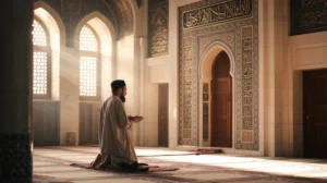 Ilustrasi seseorang sedang melaksanakan shalat sunnah Maghrib di masjid