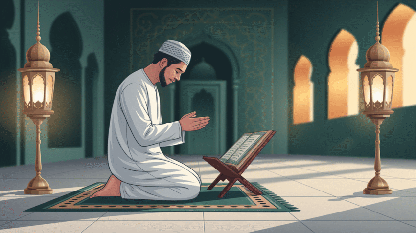 Ilustrasi seseorang sedang melaksanakan shalat sunnah qabliyah isya di masjid