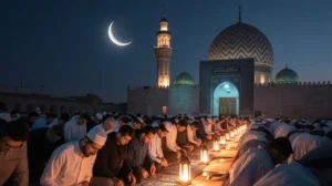 Shalat Taraweh dengan jamaah di masjid pada malam Ramadan