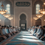 Jamaah shalat tarawih di masjid dengan suasana Ramadan yang khusyuk