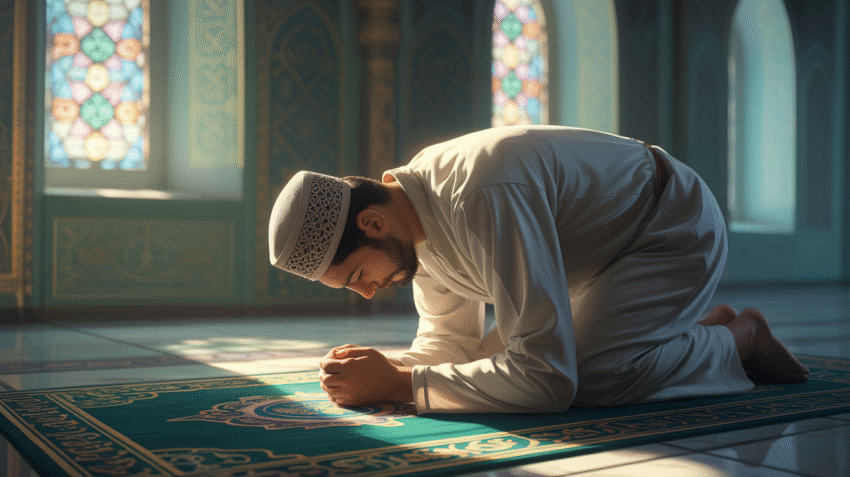 Ilustrasi seorang muslim melakukan sujud syukur dengan khusyuk
