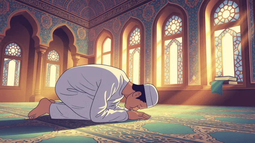 Ilustrasi muslim sedang melakukan sujud syukur dengan khusyuk