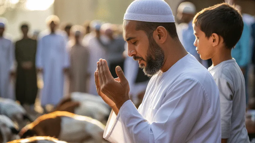 Ilustrasi Sunnah Idul Adha dengan takbir dan penyembelihan qurban