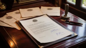 Contoh surat kuasa jual beli tanah dengan latar dokumen legal dan pena