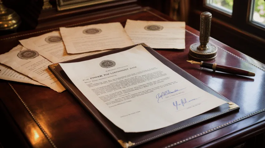 Contoh surat kuasa jual beli tanah dengan latar dokumen legal dan pena