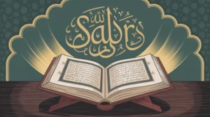 Ilustrasi mushaf Al-Qur'an terbuka dengan cahaya lembut dan tulisan arab tentang kesabaran