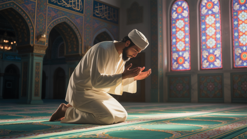 Ilustrasi muslim sedang melakukan sujud syukur dengan khusyuk