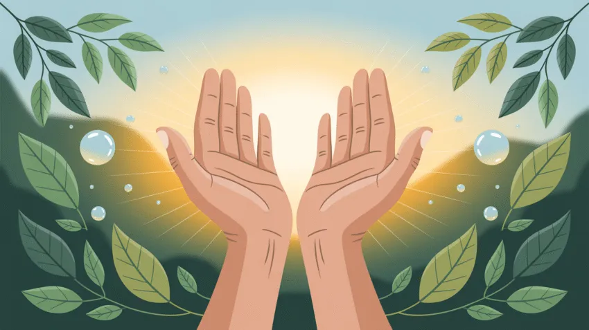 Ilustrasi konsep syukur dengan tangan terangkat dan cahaya keemasan