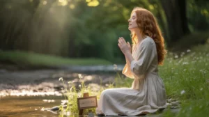 Ilustrasi orang bersyukur dengan latar alam yang tenang