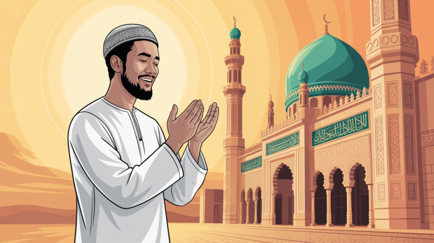 Ilustrasi orang muslim sedang bersyukur dengan tangan terangkat ke langit