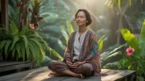 Peaceful Indonesian woman practicing syukuri gratitude meditation in natural setting