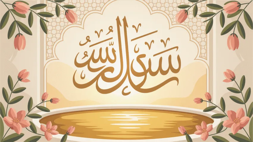 Ilustrasi pagi yang cerah dengan tulisan ucapan selamat pagi dan doa dalam bahasa Arab