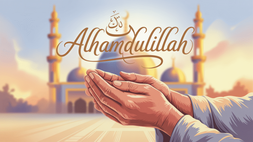 Ilustrasi tangan berdoa dengan kaligrafi Alhamdulillah dalam cahaya lembut