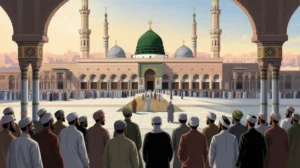 Ilustrasi Masjid Nabawi dengan suasana duka cita wafatnya Umar bin Khattab