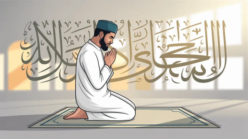 Ilustrasi muslim sedang berdoa dengan latar belakang kaligrafi Arab yang indah