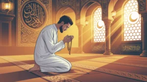 Ilustrasi muslim sedang berdoa dengan latar masjid yang indah