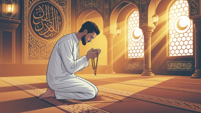 Ilustrasi muslim sedang berdoa dengan latar masjid yang indah